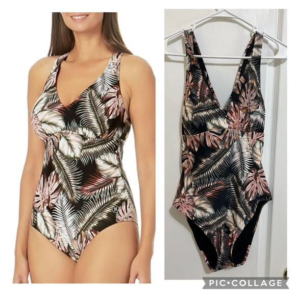 Hurley Peach Black Palm Leaf V-Neck Padded Bra One Piece Bathing Suit size L - Picture 1 of 14